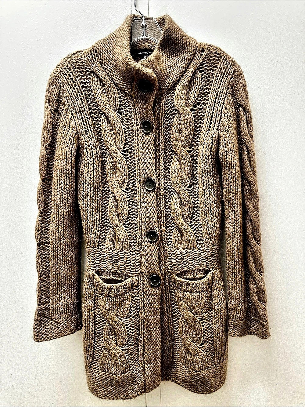 Massimo Dutti High Neck Melange Brown Cable Knit Button Up Sweater Sz M